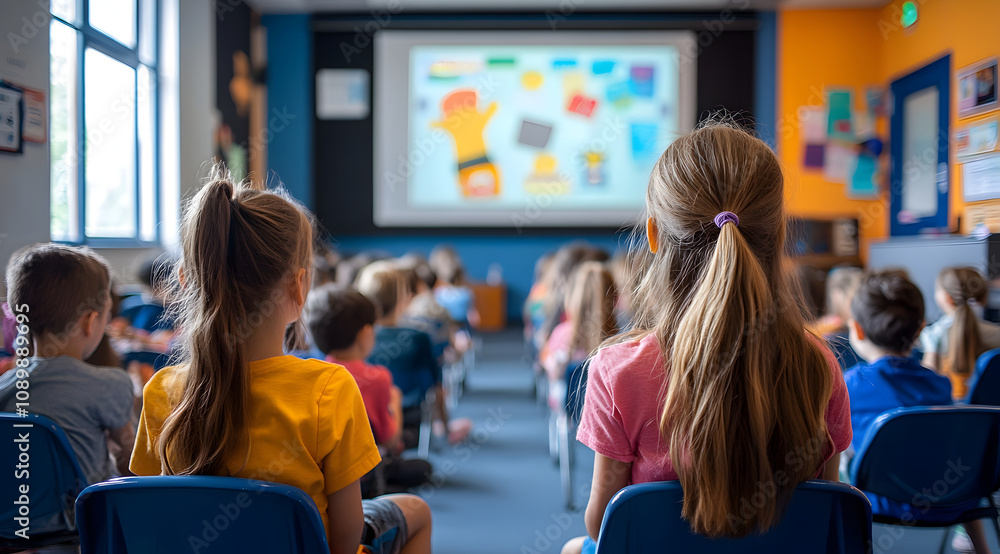 Poster children attentively watching a colorful presentation in a classroom setting, focused on learning an