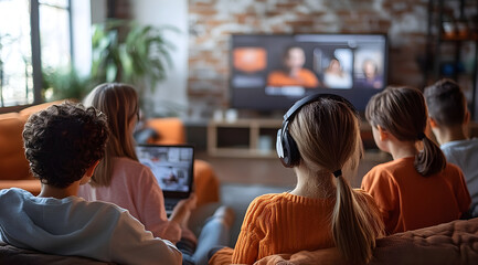 A group of people relaxes at home, enjoying a movie or show on a large screen, with one individual using headphones for a more personal experience.