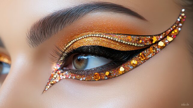 Close-Up of a Stunning Female Eye Showcasing Bold and Vibrant Fashion Magazine-Style Makeup with Dramatic Liner, Shimmering Eyeshadow, and Flawless Detail