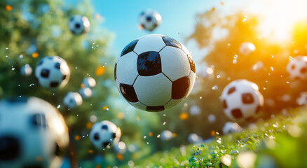 Fototapeta premium Soccer balls above a field at sunset. Small soccer balls hover around a vibrant green field lit by the warm glow of the setting sun.