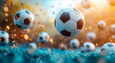 Soccer balls floating among leaves in sunlight. Soccer balls hover over the ground, surrounded by vibrant autumn leaves in a sunlit environment.