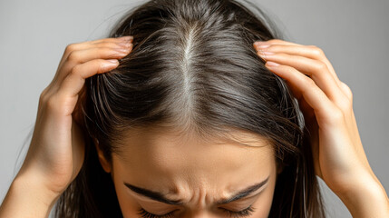 Naklejka premium Young woman's face shows stress, anxiety. A young woman shows signs of stress as she holds her head with both hands, conveying discomfort and worry.
