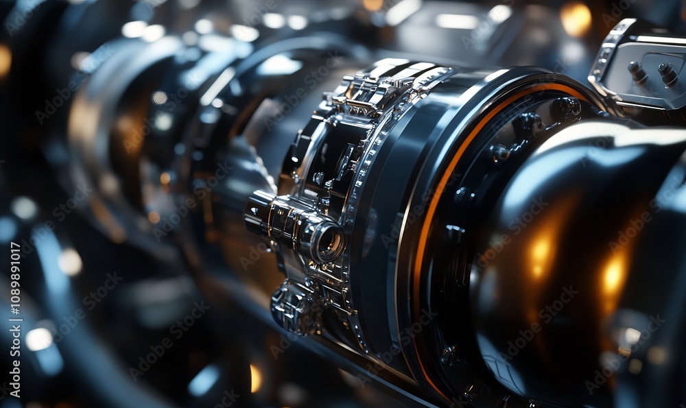 Poster visualizing an engine design, fluid geometric forms, and high tech textures