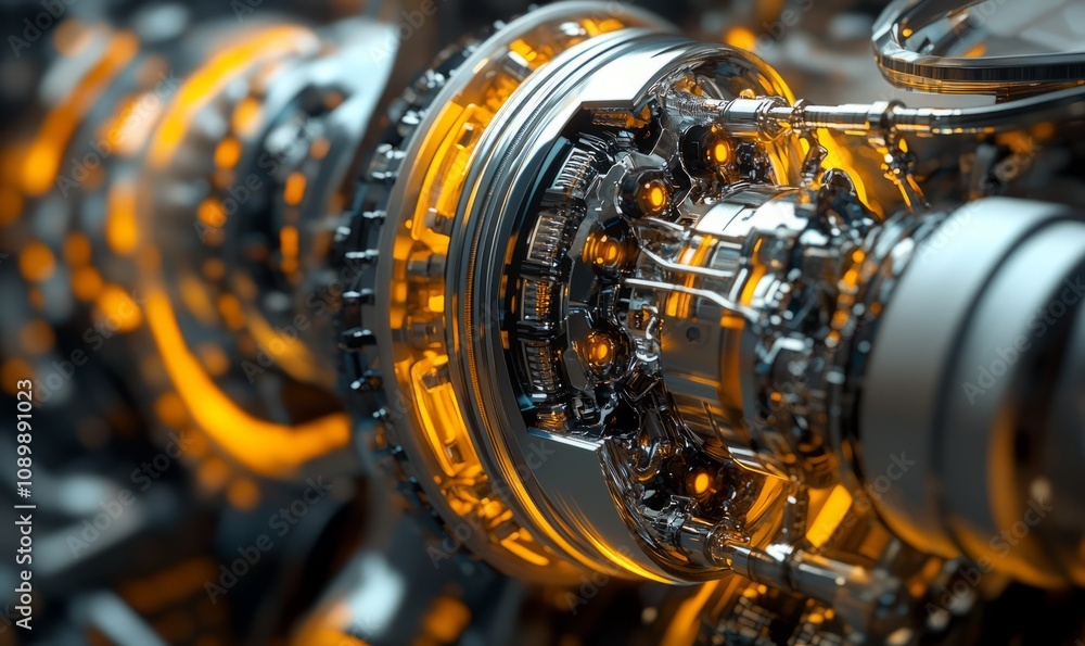 Poster visualizing an engine design, fluid geometric forms, and high tech textures