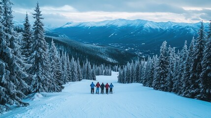 Fototapeta premium Group of Friends Enjoying a Winter Ski Adventure Surrounded by Snowy Mountains and Evergreen Trees Under a Beautiful Sky