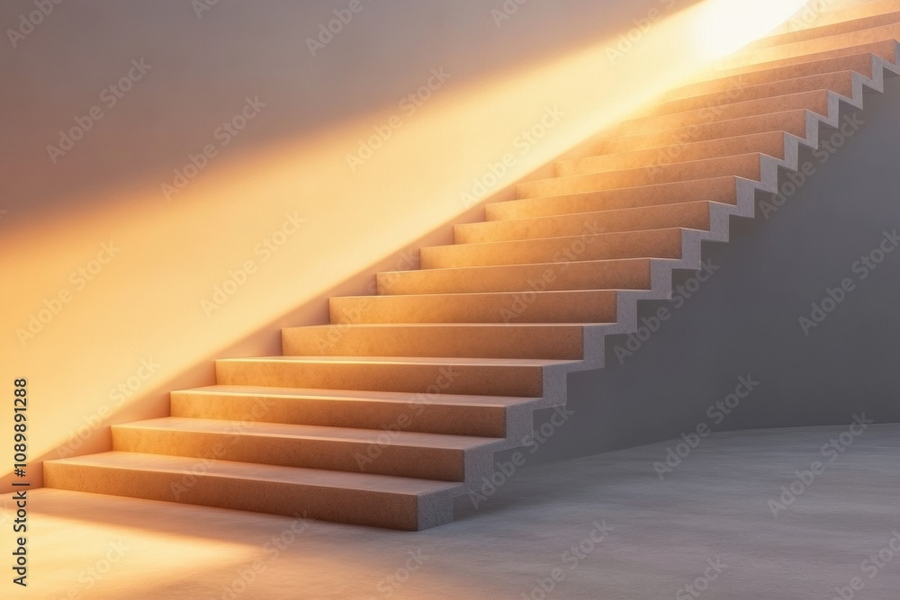 Poster Golden sunlight streams down a set of wooden stairs in a minimalist space, highlighting the texture and warmth of the wood. Generative AI