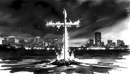 Burning big cross on a vacant lot at night against the backdrop of a modern big city, silhouettes around, watercolor monochrome brush drawing