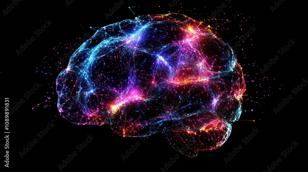 Poster An abstract digital brain with vibrant neural connections radiates energy and complexity against a dark backdrop, blending creativity and tech. Generative AI