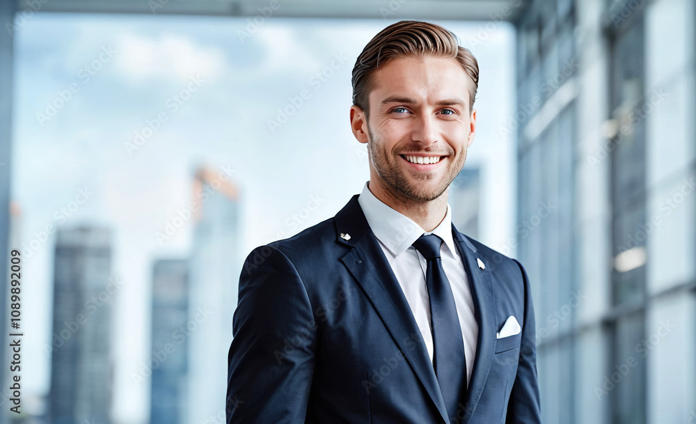 Poster a man in a suit and tie is smiling for the camera. he looks confident and professional. concept of s