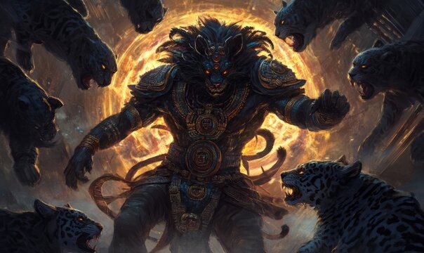 Tezcatlipoca Depict Tezcatlipoca, the Aztec god of darkness, surrounded by swirling shadows and jaguars --ar 5:3 --v 6.1 Job ID: 06e44802-a100-4df6-834b-6d21fe05adeb