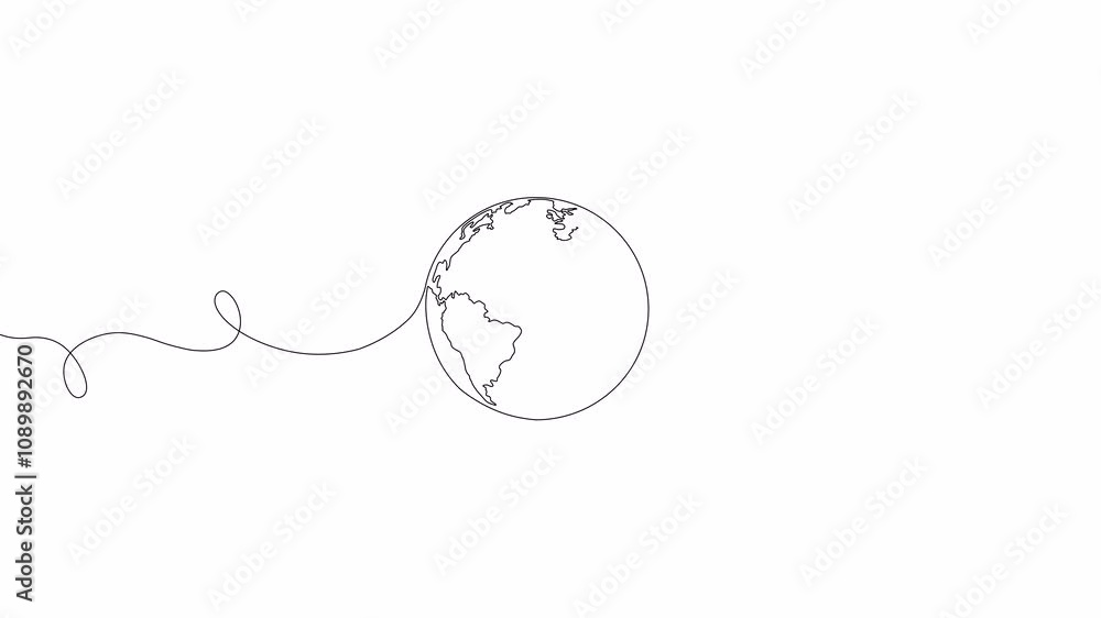 Poster video. a continuous line drawing of the earth. world map drawn with one line . animation on white ba