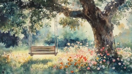 Obraz premium Wooden swing hanging from a tree surrounded by colorful flowers