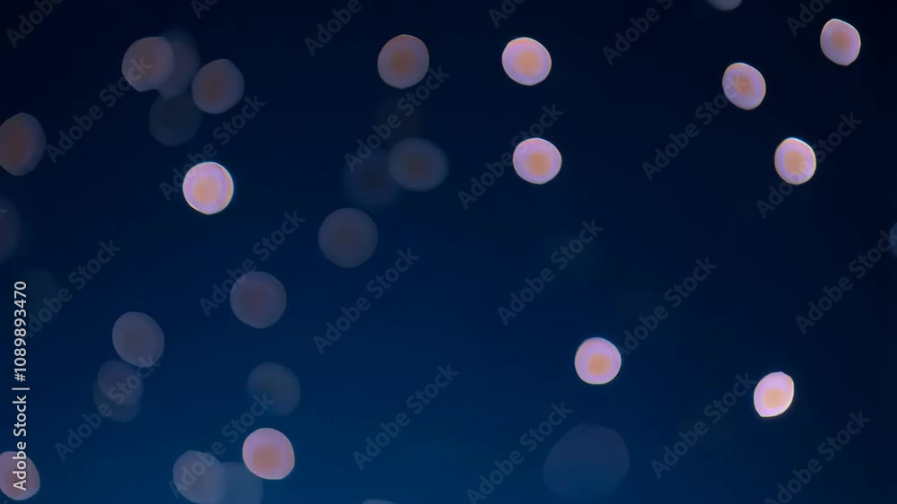 Poster softly glowing orbs of varying colors gently float and move on a deep blue background, immersing vie