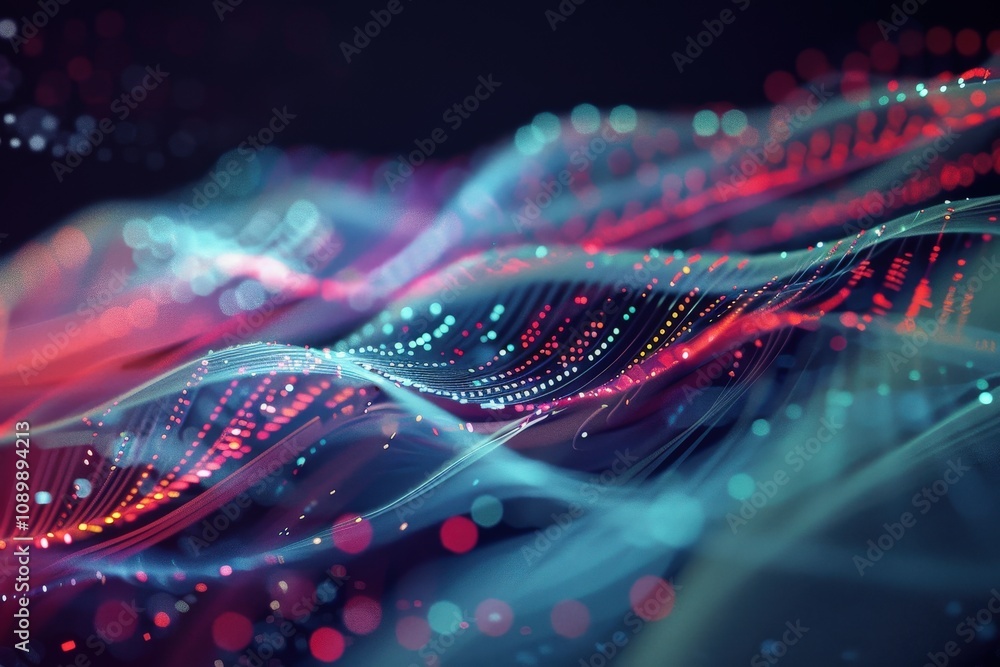Poster vivid swirl of colored particles and light creating a dynamic tunnel effect in a digital universe