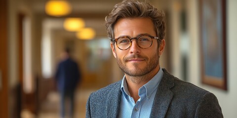 Fototapeta premium A confident young man with stylish glasses stands in a warmly lit corridor, exuding professionalism and charisma, as he gazes directly into the camera