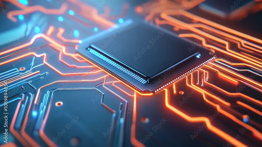 Poster close-up of a glowing computer microchip with intricate circuitry