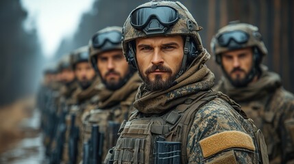 Obraz premium A group of soldiers in tactical gear and helmets stand in a rugged outdoor setting, exhibiting focus and readiness, highlighting teamwork and discipline in military operations