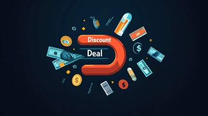 A vibrant digital artwork features a magnet attracting various symbols of discounts, coins, and financial elements, highlighting promotional offers. Generative AI
