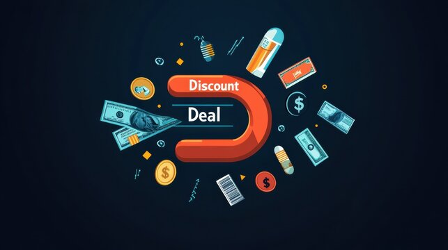 A vibrant digital artwork features a magnet attracting various symbols of discounts, coins, and financial elements, highlighting promotional offers. Generative AI