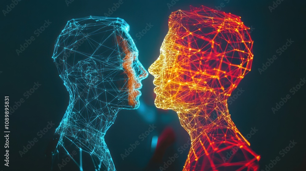 Poster two abstract figures facing each other, composed of glowing lines and nodes.
