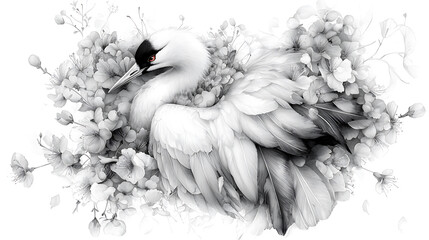 Obraz premium Line art of Japanese crane surrounded by delicate flowers, showcasing elegance and grace in serene composition. intricate details highlight beauty of nature