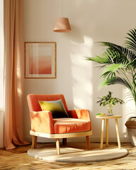 Minimalist home interior design of modern living room. Serene reading corner with orange armchair, small side table and lush green plant. The natural light highlights soft rug and warm-toned wall.