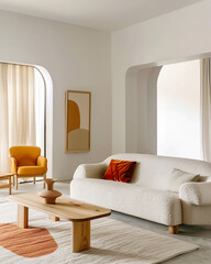 Minimalist, scandinavian style home interior design of modern living room. Boucle white couch with red and cream accent pillows is paired with a natural wood coffee table.