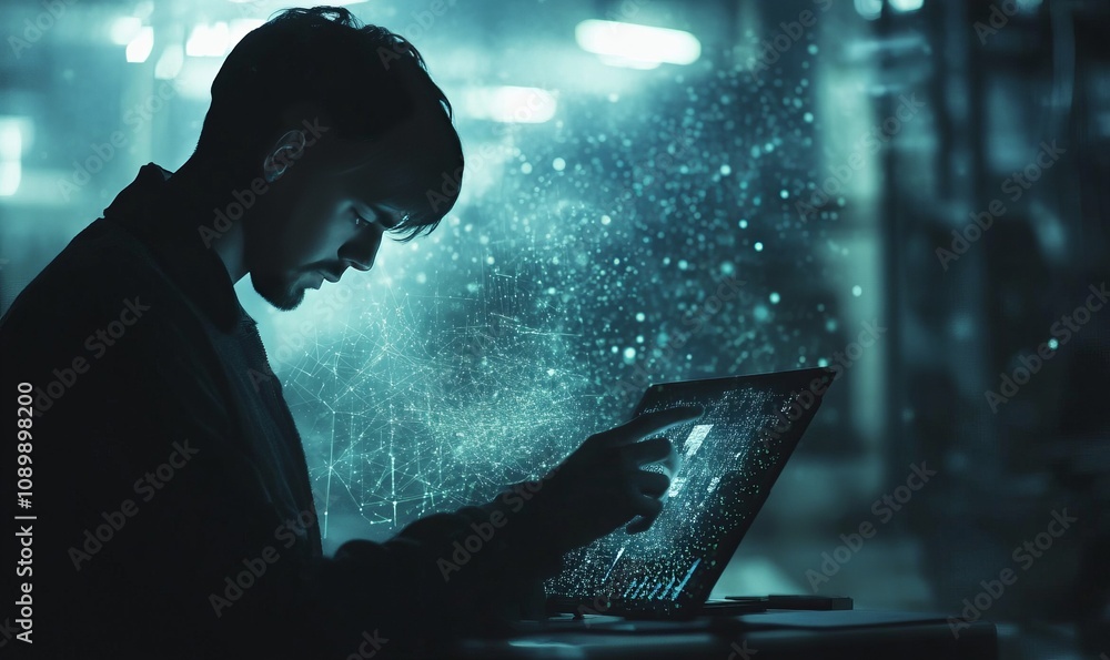 Poster this image shows a man in a dim-lit setting, interacting with digital data on a tablet, represented 