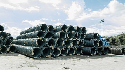 Stacked of high carbon wire rod for heavy industry production,Pile of metal steel wire roll for...