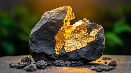 Fototapeta premium Streaks of gold embedded in a natural black stone, emphasizing purity and raw elegance in a modern composition, selective focus on foreground, copy space for text, ultra HD, 