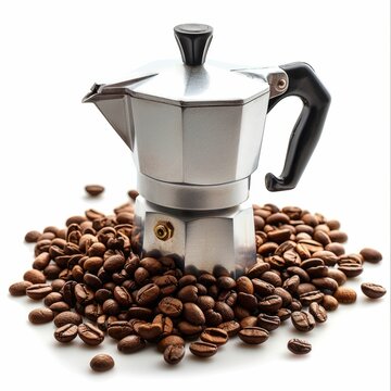 Coffee beans and bialetti coffee maker. Moka pot isolated on white background.  Coffee