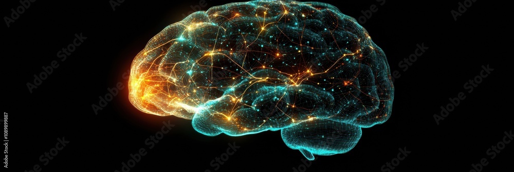 Poster artwork shows a glowing digital brain with intricate neural connections on a dark backdrop, symboliz