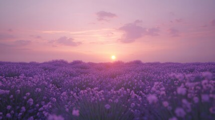 Obraz premium Lavender fields bask in the warm glow of a stunning sunset, AI
