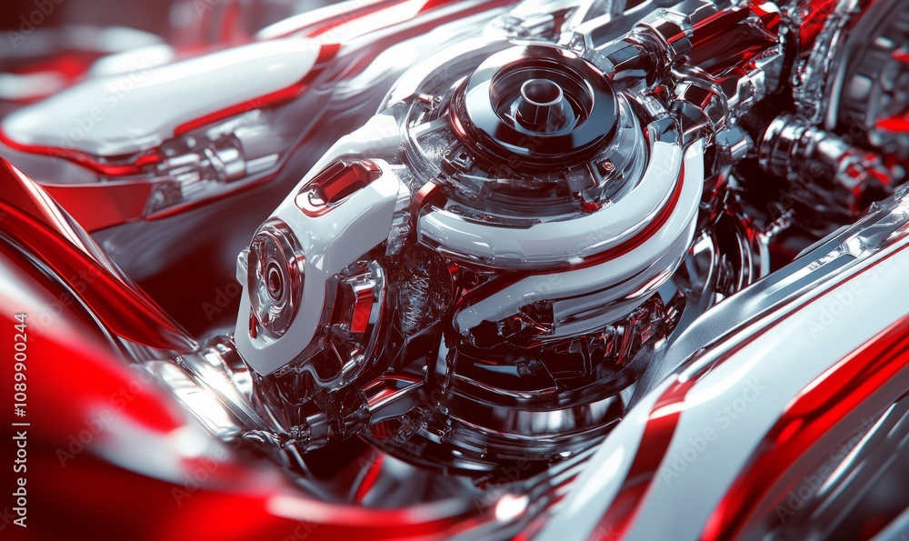 Poster visualizing an engine design, fluid geometric forms, and high tech textures