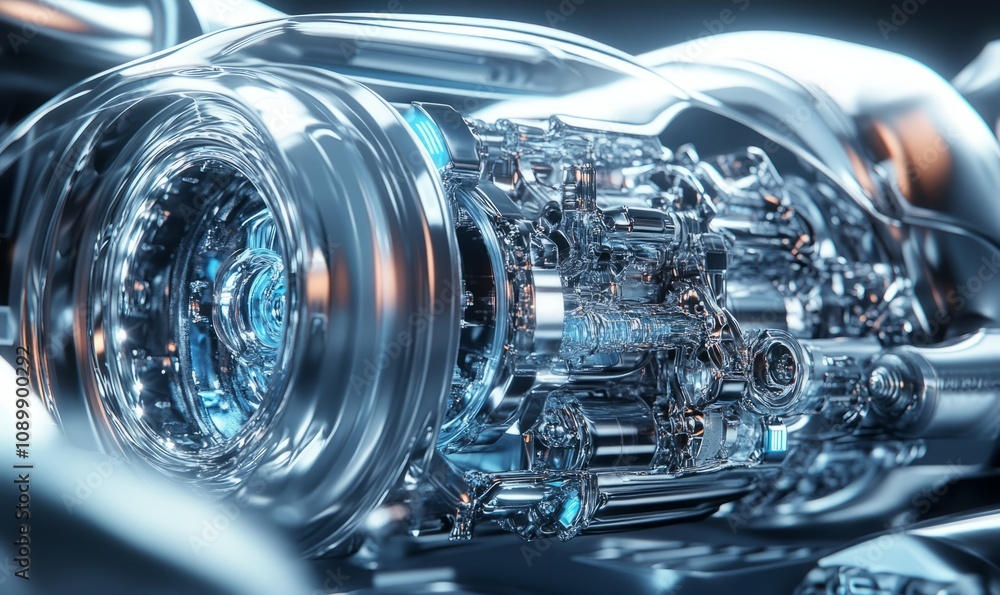 Poster visualizing an engine design, fluid geometric forms, and high tech textures