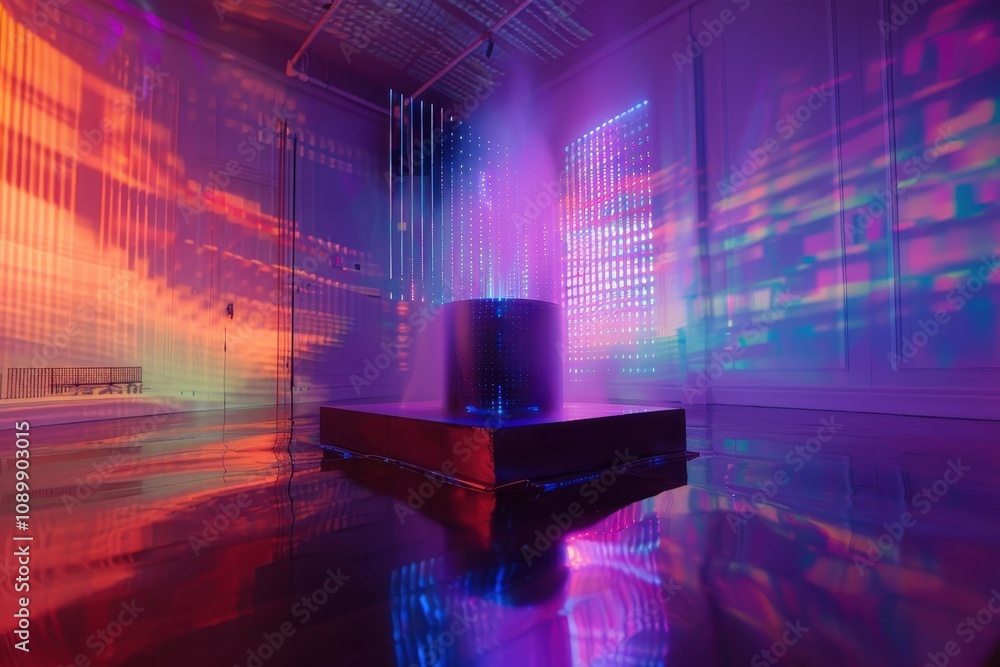 Poster multicolored light projections create an immersive atmosphere in a dimly lit exhibition space showca
