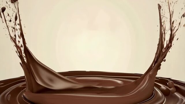 Splash melted fount of dark chocolate of beige background with copy space for advertisement