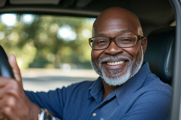 A smiling auto vendor in the driver's seat, displaying a car key with an inviting demeanor.