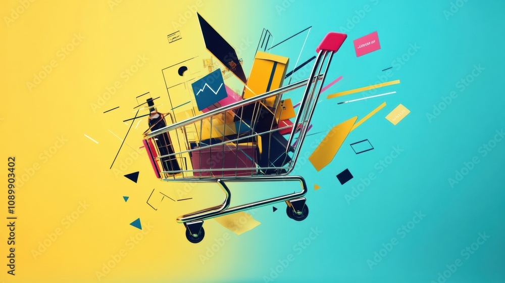 Leinwandbilder a colorful, abstract shopping cart of geometric shapes on a vibrant background symbolizes modern com