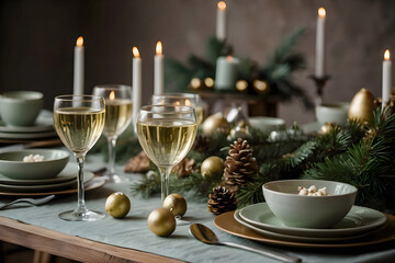 Elegant Christmas table setting with foodcandles, green and gold ornaments, and lights