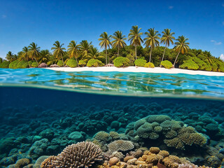 Caribbean style split half underwater, photo, in the superior part can be seen the shore of the beach through the waters and in the inferior part the bottom of the sea.