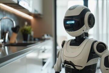 Robot assistant prepares breakfast in a modern kitchen setting, showcasing advanced technology and hospitality service