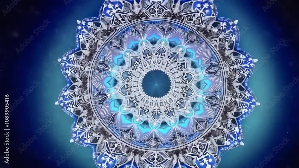 Poster immerse yourself in a captivating mandala as it rotates and evolves against a deep black background,