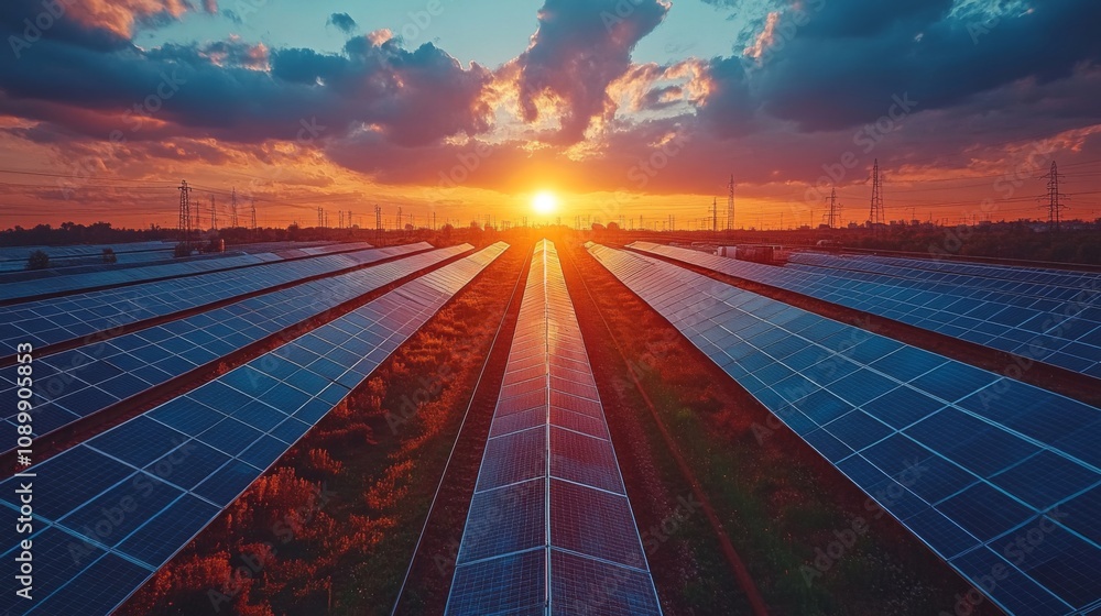 Poster the sun sets over a sprawling field of solar panels, illuminating the landscape with warm hues. powe