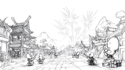 Obraz premium Japanese villagers celebrate festival with fireworks in lively street scene. illustration captures joy and excitement of event, showcasing traditional architecture and festive activities