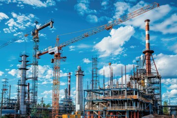 Fototapeta premium construction site including steel structure and crane blue sky background