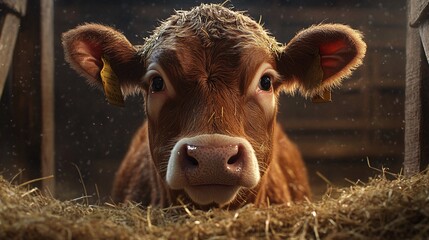 Close-up portrait of a brown calf surrounded by straw and hay