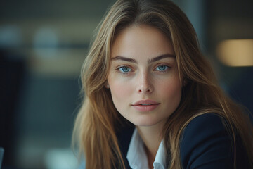 Naklejka premium Beautiful woman, in office environment, bright lighting, in a board, staff, CEO meeting, in business portrait