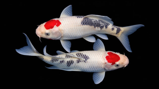 Kohaku Koi fish jumping out of the water, The fish's body should curve dynamically as if it is swimming, black background