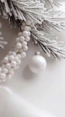 Festive Christmas white background featuring ornaments and pine branches, perfect for holiday designs, cards, or seasonal promotions. The scene is festive and cozy.. Generative AI